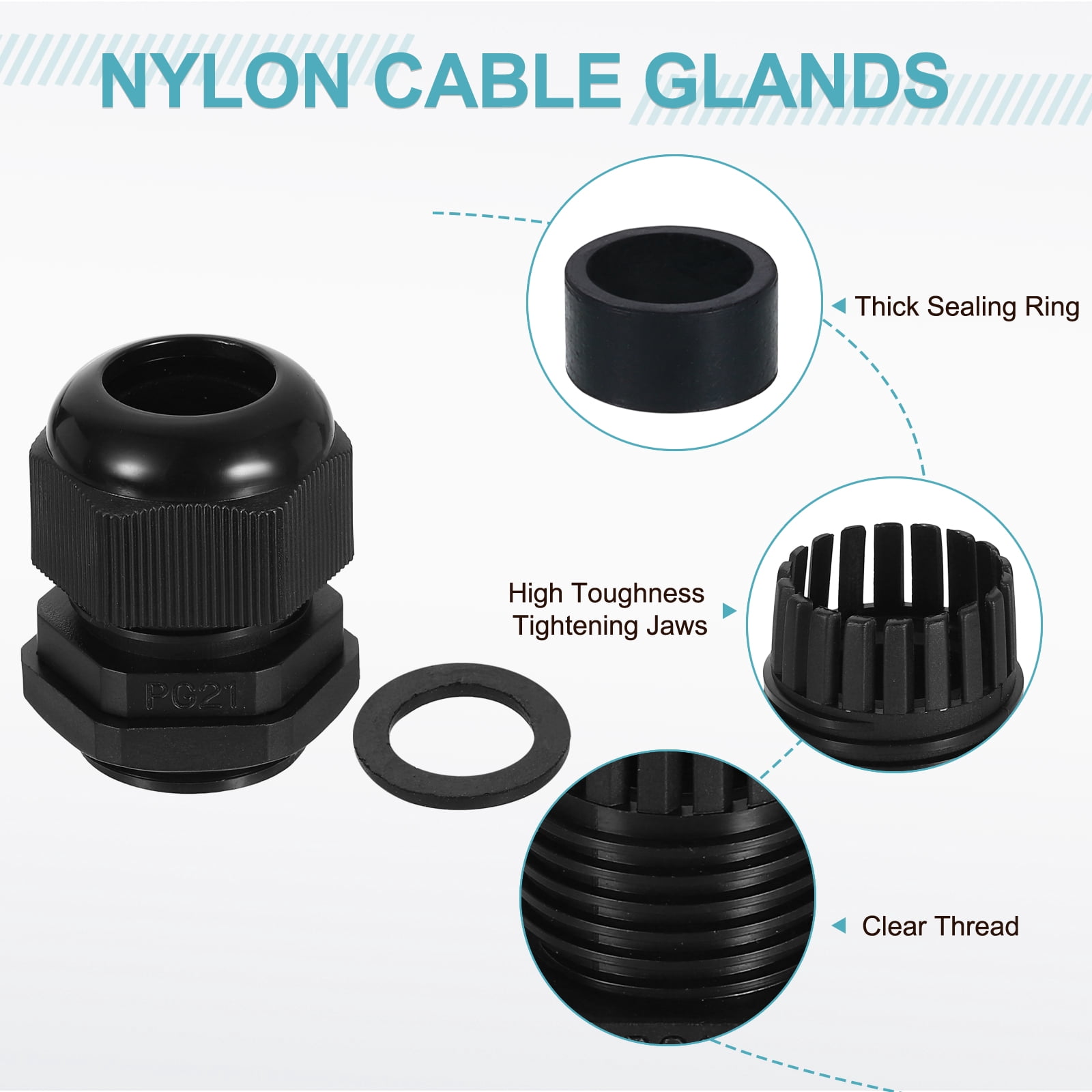 15Pack PG21 Nylon Cable Glands, Waterproof Wire Grommet with Washers, Black