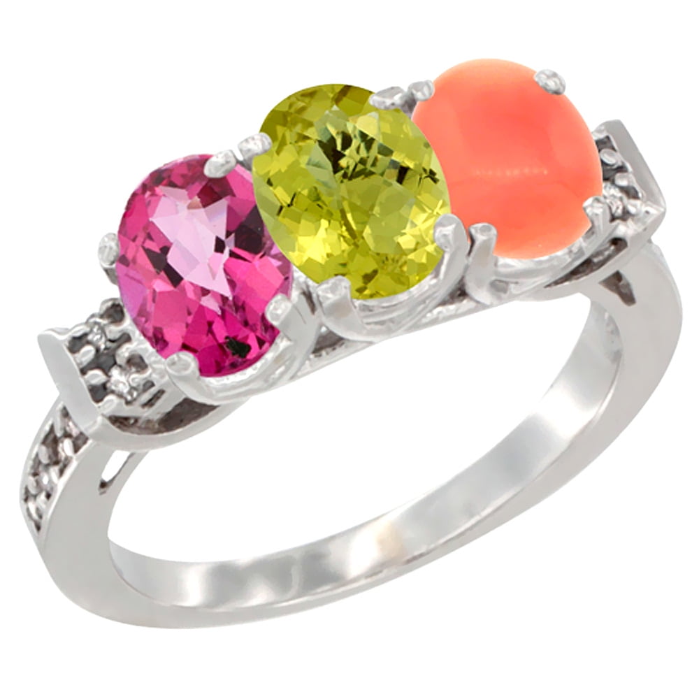 10K White Gold Natural Pink Topaz, Lemon Quartz & Coral Ring 3-Stone Oval 7x5 mm Diamond Accent, sizes 5 10 by WorldJewels