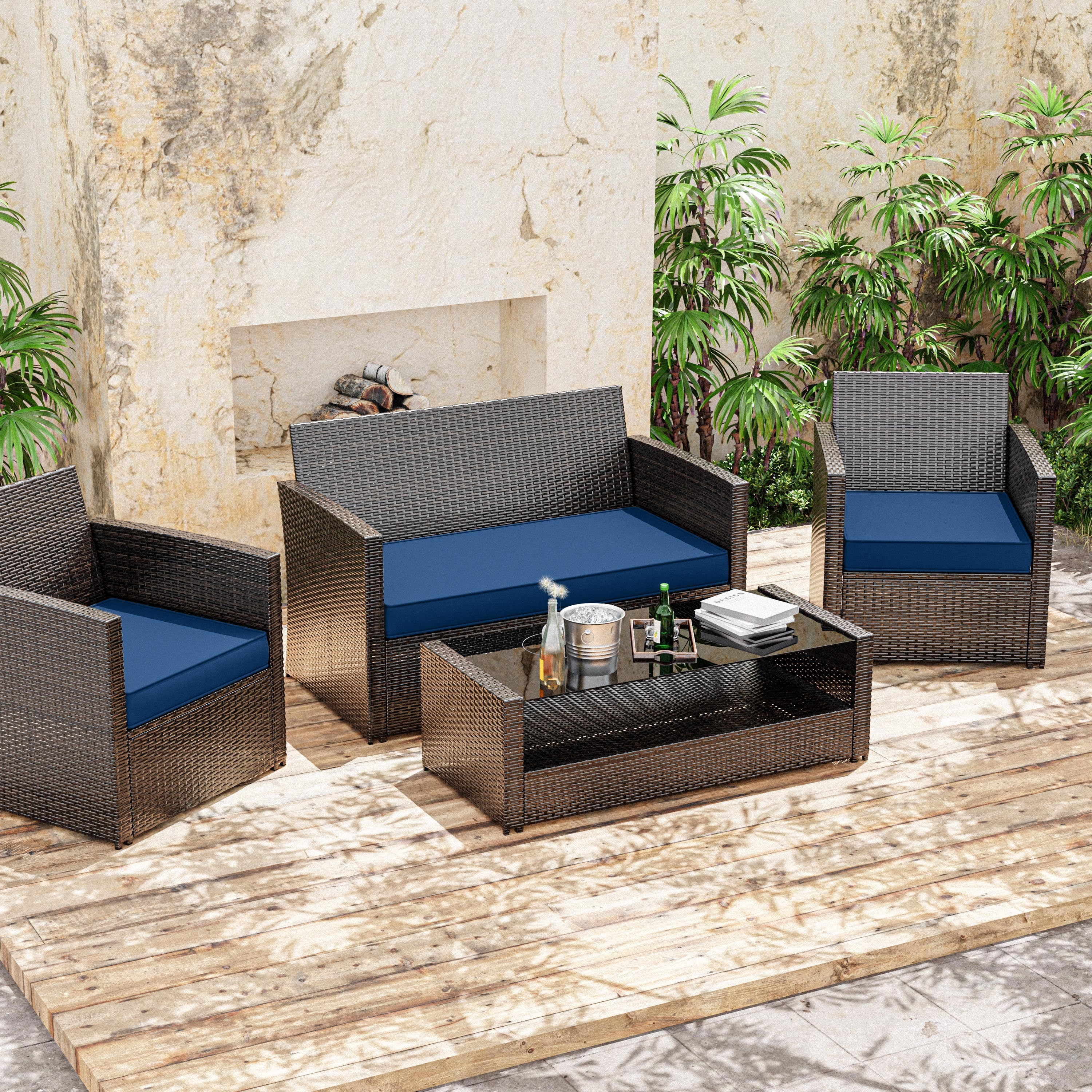 Snubbull 3 Pack Outdoor Replacement Cushions for 4-Seater Wicker Rattan Loveseat Sofa Chair Patio Furniture, 36 x 18 x 3,18 x 18 x 3, Blue