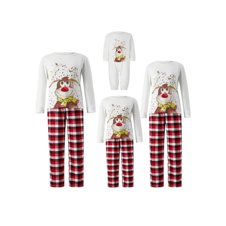 

Suanret Christmas Pajamas for Family Cartoon Elk Printing Long Sleeve Round Collar Tops + Plaid Pants Sleepwear Homewear White Dog-XL