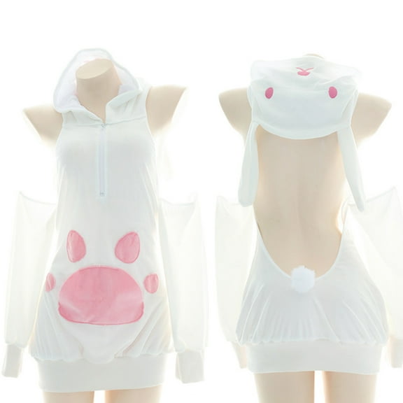 Women Cute Bunny Ears Hoodies Lingerie Sexy Cold Shoulder Backless Sweatshirt Plush for Cat Paw Zipper Cosplay Pajamas