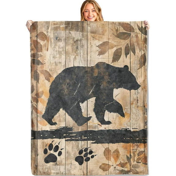 Bear Blanket, Cute Nature Animal Wood Paw Print Throw Soft, Warm, Cozy Flannel, 50x60 Inch, for Sofa, Bed, Travel Decor, for Women, Girls, Kids, Adults
