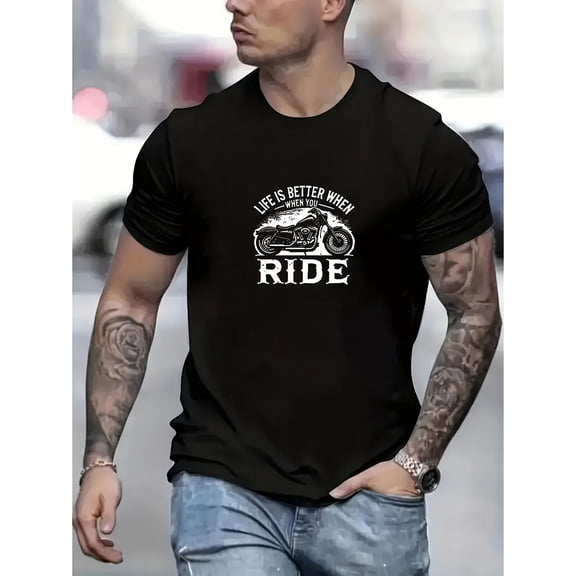 Men's Motorcycle Graphic T-Shirt with Biker Slogan & Motorcycle Rider Design - Breathable Summer Casual Round Neck Short Sleeve Tee for Motorcycle Enthusiasts - RIDE Life's Better on Two Wheels Print