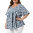 thumbnail image 2 of Women's Plus Tops V Neck Flared Sleeve Ditsy Floral Pleated Casual Summer Blouses 1X Dark Green, 2 of 6