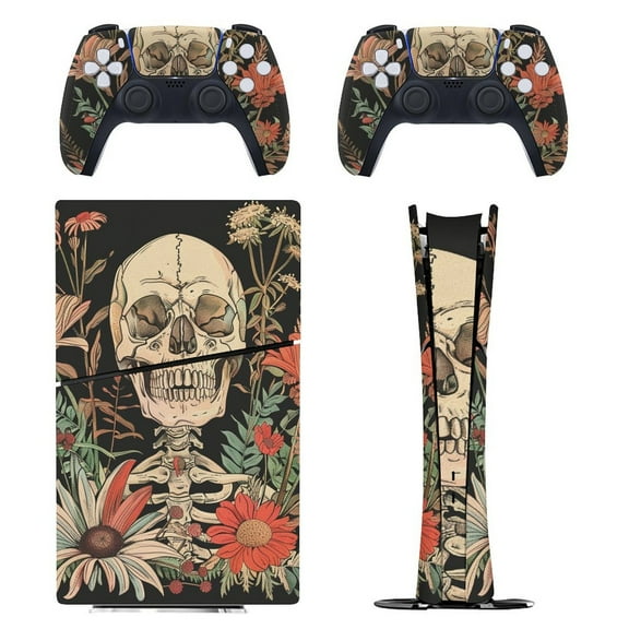 Skin Sticker for PS5 Slim Standard Disc Digital Edition Console and Controllers Decals for Playstation 5 (Skull Flowers Illustration,PS5 Slim)