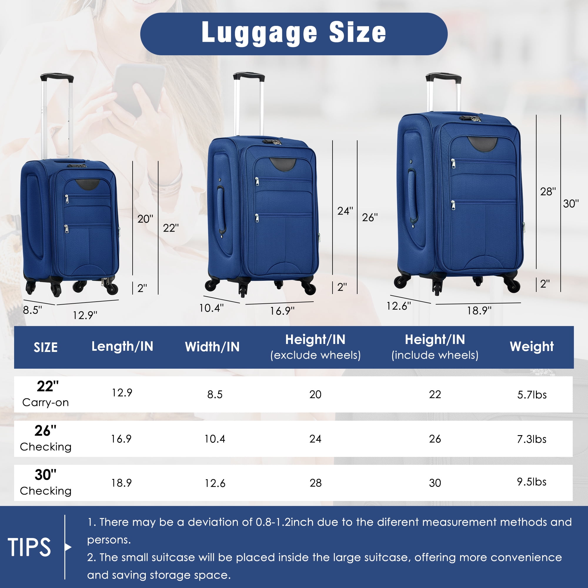 MAYEERTY 5-Piece Expandable Softside Luggage Set -22"+26"+30" Oxford Fabric with TSA Lock & Spinner Wheels+Duffel+Toiletry Bag, Navy Blue