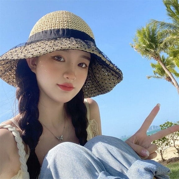 CoCopeaunts Summer Sun Hat Women Ribbon Floppy Shading Panama Wide Brim Lace Sun Hat Vacation Travel Beach Straw Hat