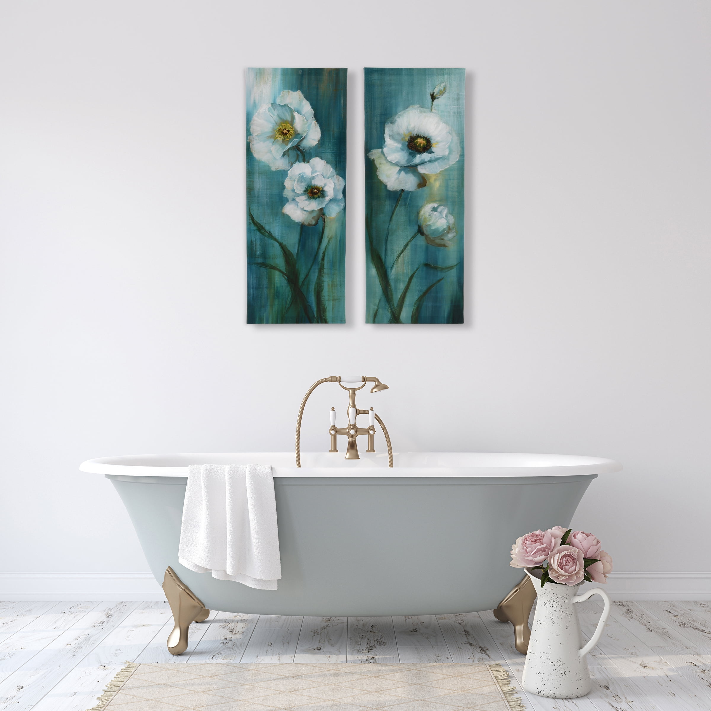 Forest Blossoms 7.5'' x 19.5'' Green-White Canvas Wall Art Print, by Prinz (Set of 2)