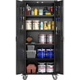 thumbnail image 1 of Armoire de Rangement de Garage Roulante Verrouillable de 72 Pouces, avec 2 Portes, 4 Tablettes Ajustables et Conception de Porte à Panneau Perforé, Armoire Mobile en Acier Robuste pour Atelier et Maison, Noir, 1 of 6