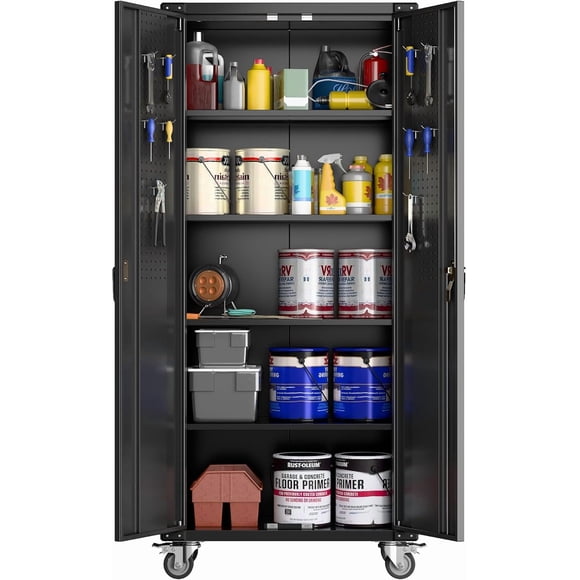 72" Locking Rolling Garage Storage Cabinet with 2 Doors, 4 Adjustable Shelves & Pegboard Door Design, Heavy-Duty Mobile Steel Cabinet for Workshop & Home, Black