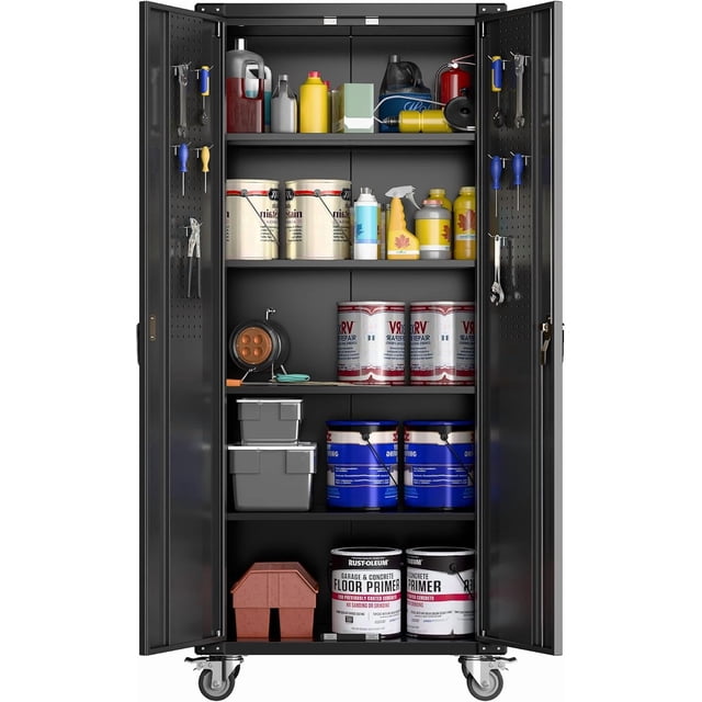 Armoire de Rangement de Garage Roulante Verrouillable de 72 Pouces, avec 2 Portes, 4 Tablettes Ajustables et Conception de Porte à Panneau Perforé, Armoire Mobile en Acier Robuste pour Atelier et Maison, Noir