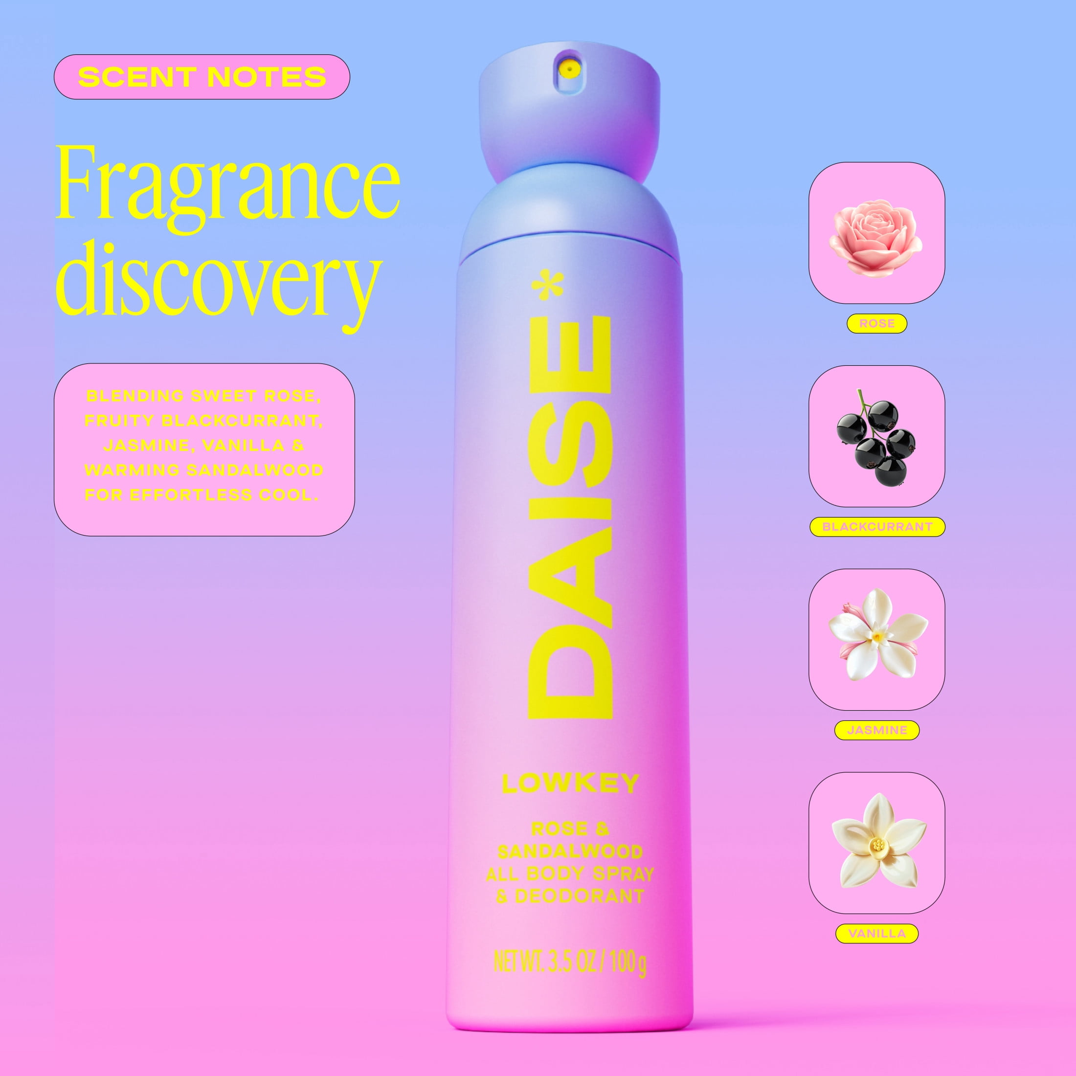 DAISE Lowkey DAISE All Body Spray & Deodorant in Rose & Sandalwood for 24h Freshness, 3.5 oz/120 mL