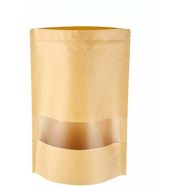 Pack of 100 kraft paper bags with stand-up zipper, ideal for storing food, such as bread, nuts, coffee beans, as well as gifts and jewelry. The bags a