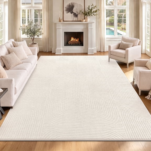 6'x 9' Geometric Beige Area Rug Washable, Durable Non-Slip Indoor Carpet with Soft High-Low Pile, Fluffy Floor Rugs for Living Room, Bedroom, Home Office Décor