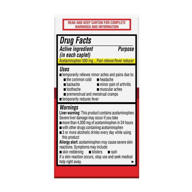 (6 pack) Equate Extra Strength Acetaminophen 500mg Caplets, Pain Reliever/Fever Reducer, 40 Count