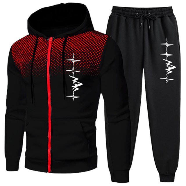 Conjunto de 2 piezas de sudadera con capucha y pantalones de chándal con cremallera y puntos redondos con estampado informal para hombre, ropa de viaje diaria para otoño e invierno