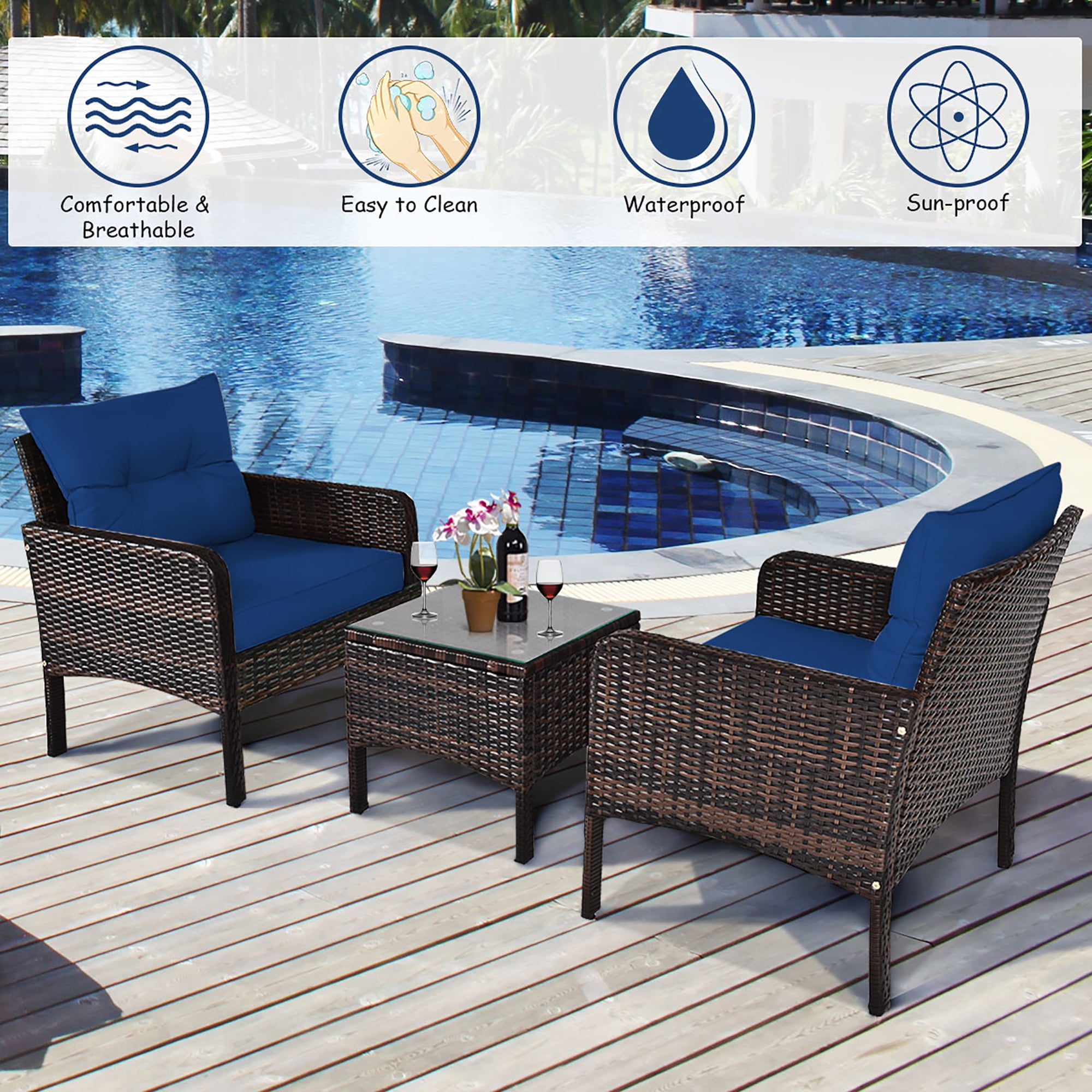Costway 3PCS Outdoor Rattan Conversation Set Patio Garden Cushioned Sofa Chair Navy