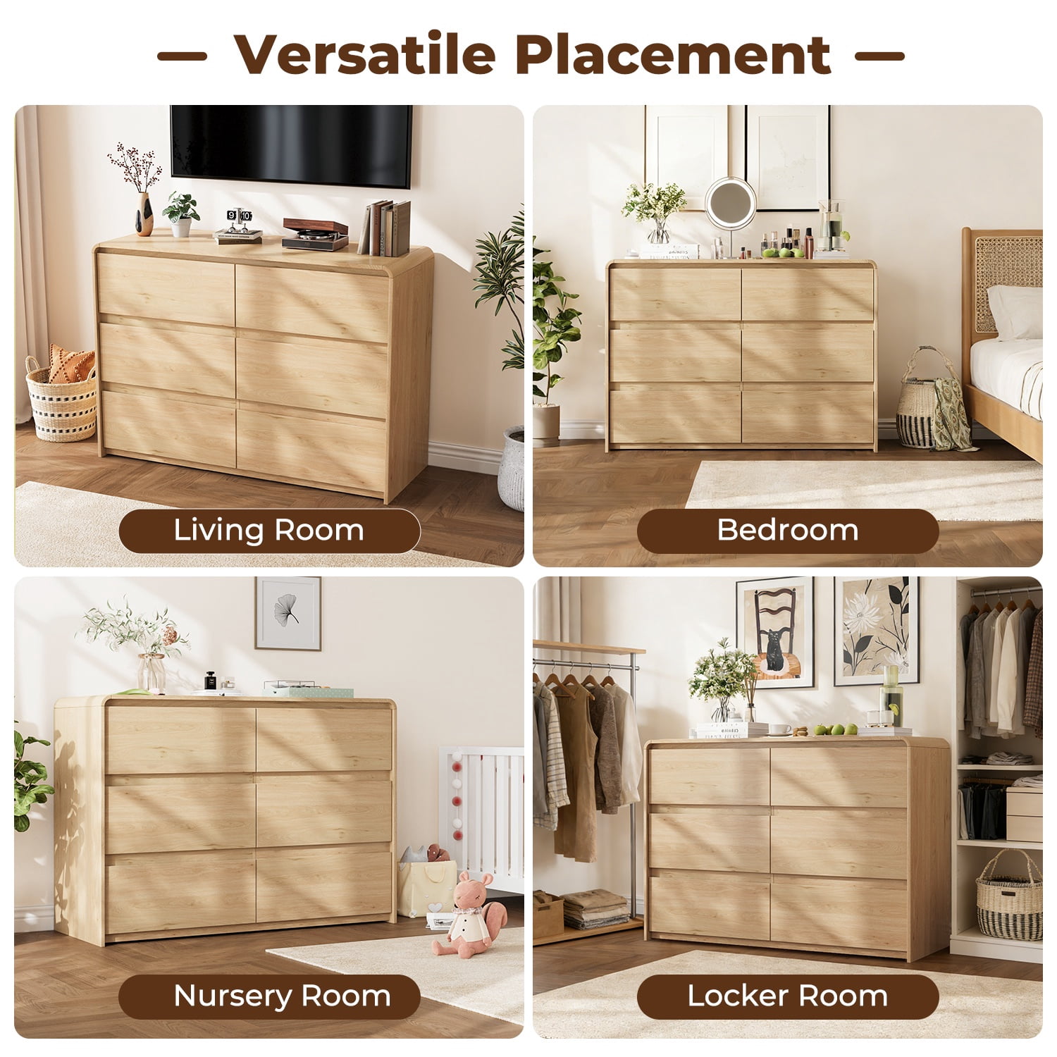 JULY'S SONG Modern 6 Drawer Dresser with Curved Edges Design, 47" Wide Wood Dresser for Bedroom, Chest of Drawers w/Natural Texture for Living Room, Light Brown
