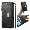 thumbnail image 6 of ELEHOLD Floral Embossed Leather Wallet Case for Samsung Galaxy A26 5G with Zipper Cash Slot, Card Holder Shockproof TPU Anti-Scratch Flip Stand Wallet Case Cover With Detachable Strap , Black, 6 of 12