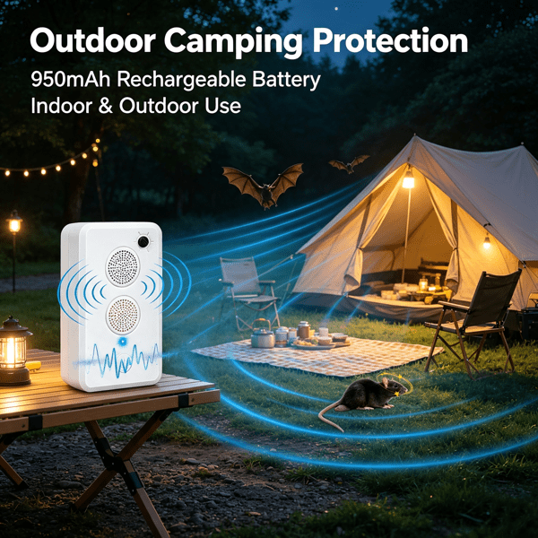 2Pcs Ultrasonic Electronic Unit, 1‑75KHz Rechargeable 950mAh Battery Powered Device with Dual Speakers, 6‑Level Settings for Home, Garage, Shed and Campsite