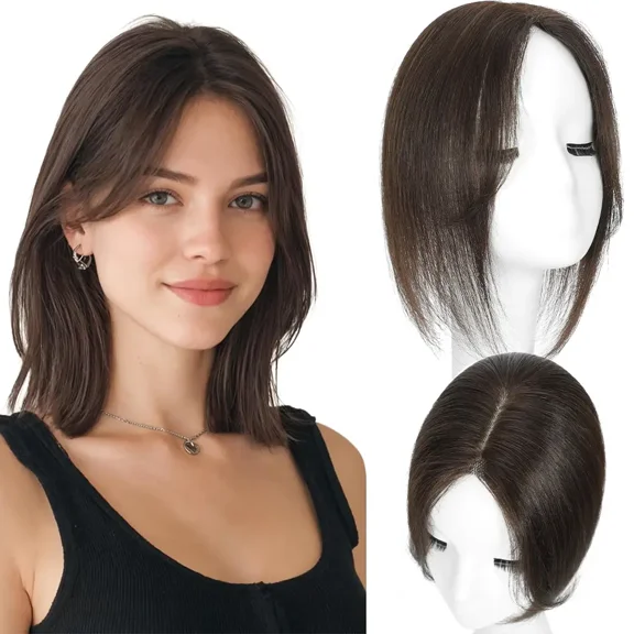 Human Hair Topper for Women Thinning Hair 100% Remy Human Hair Invisible Lace Base with Adjustable Clips for Adding Volume Cover, 10inch