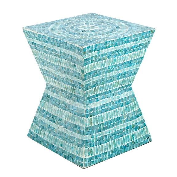 CC Home Furnishings Hourglass Style Geometric Inlay Accent Stool - 17.75" - Turquoise Blue and White
