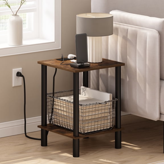 Furinno Turn-N-Tube 2-Tier Square Side Table with Charging Station, End Table, Night Stand, Bedside Table with USB and Type-C Charging Port, for Living Room, Bedroom, Amber Oak