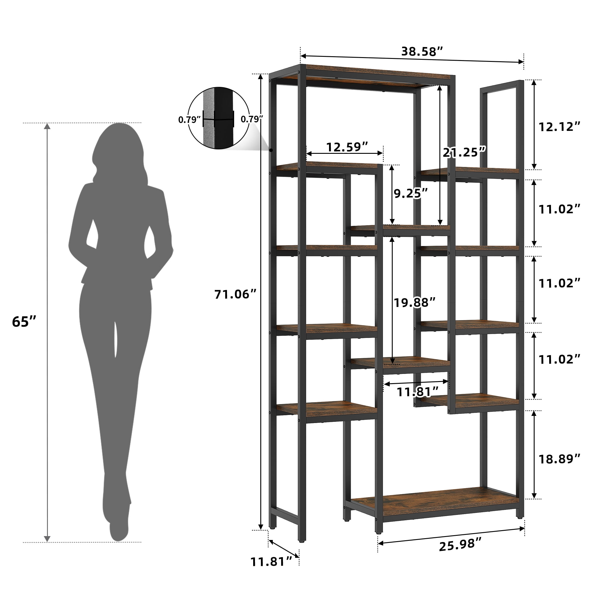 Dextrus 6 Tier Bookshelf, Tall Modern Free Standing Bookcase with 12 Shelf, Open Display Shelf Storage Book for Office Home, Black & Brown