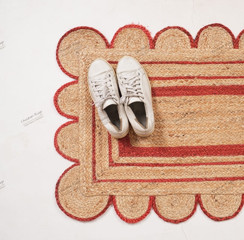 Rectangle Rug Natural Jute Rug Hand Braided Beige and Red Color Scalloped Area Rug