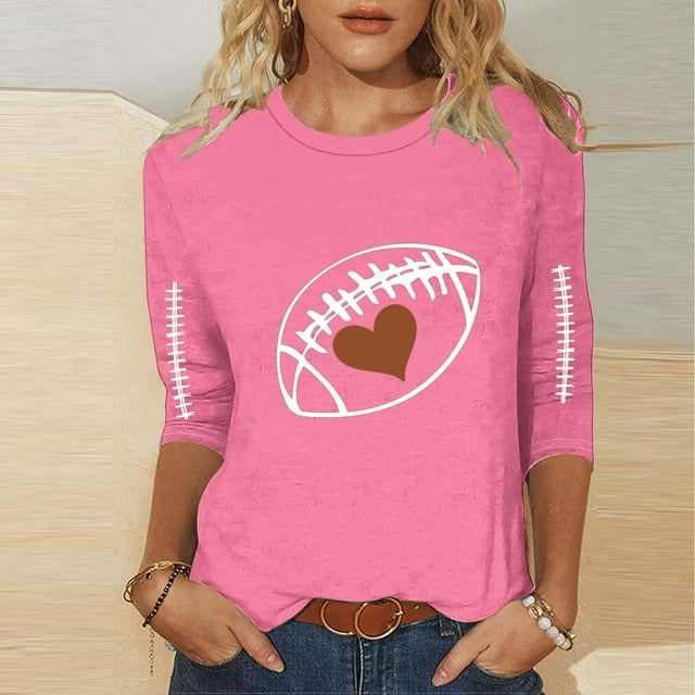 Heisall Womens Tops 3/4 Sleeve Round Neck Loose Casual Fashion T-Shirts Rugby Print