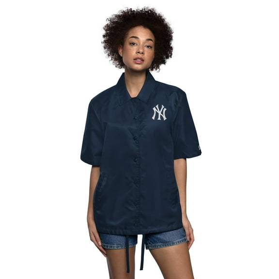 Women's Starter Navy New York Yankees High Post Short Sleeve Full-Snap Coaches Jacket