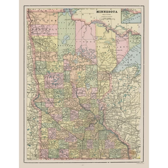 Historic State Map - Minnesota - Cram 1892 - Vintage Wall Art
