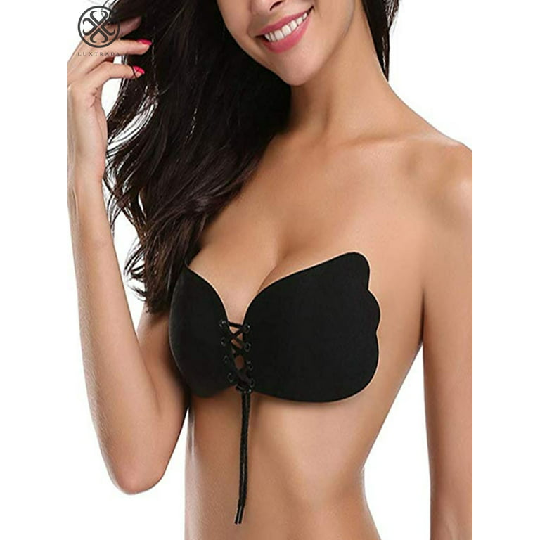 Luxtrada Strapless Sticky Bra Self Adhesive Backless Push Up Bra Reusable  Invisible Silicone Bras for Women Black,A Cup