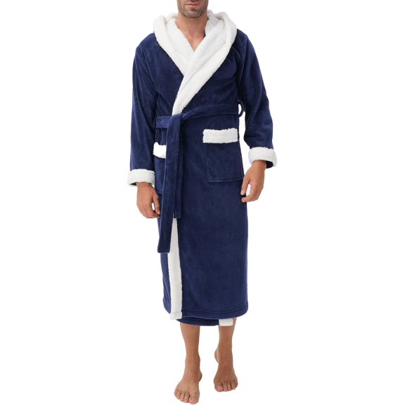 Men's Soft Fleece Plush Full Length Long Bathrobe in Dark Blue Double Bonded Velvet Medium