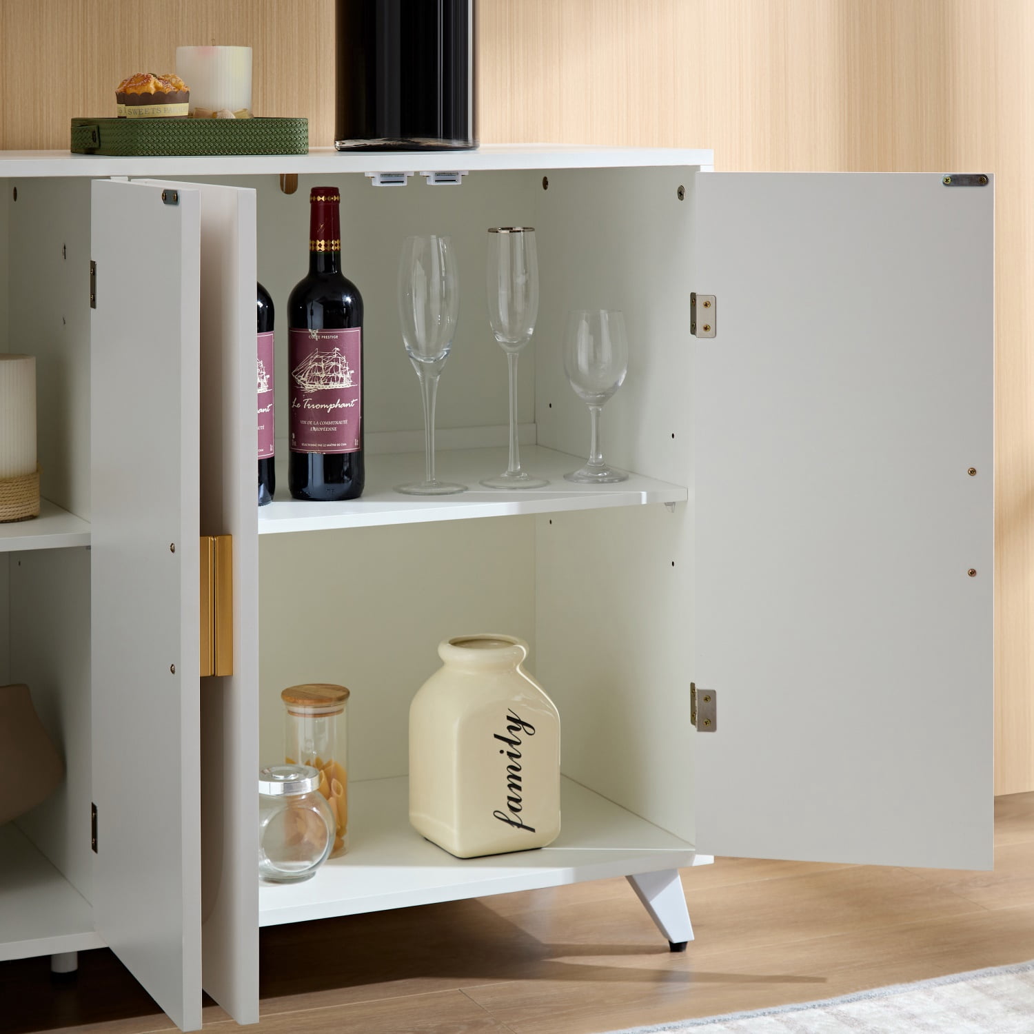 Hommoo Arch Texture Sideboard Buffet Cabinet with 4 Doors and Removable Shelves, Accent Cabinets Coffee Bar Cabinet, Modern Multifunctional Storage Cabinet for Home, Ivory White