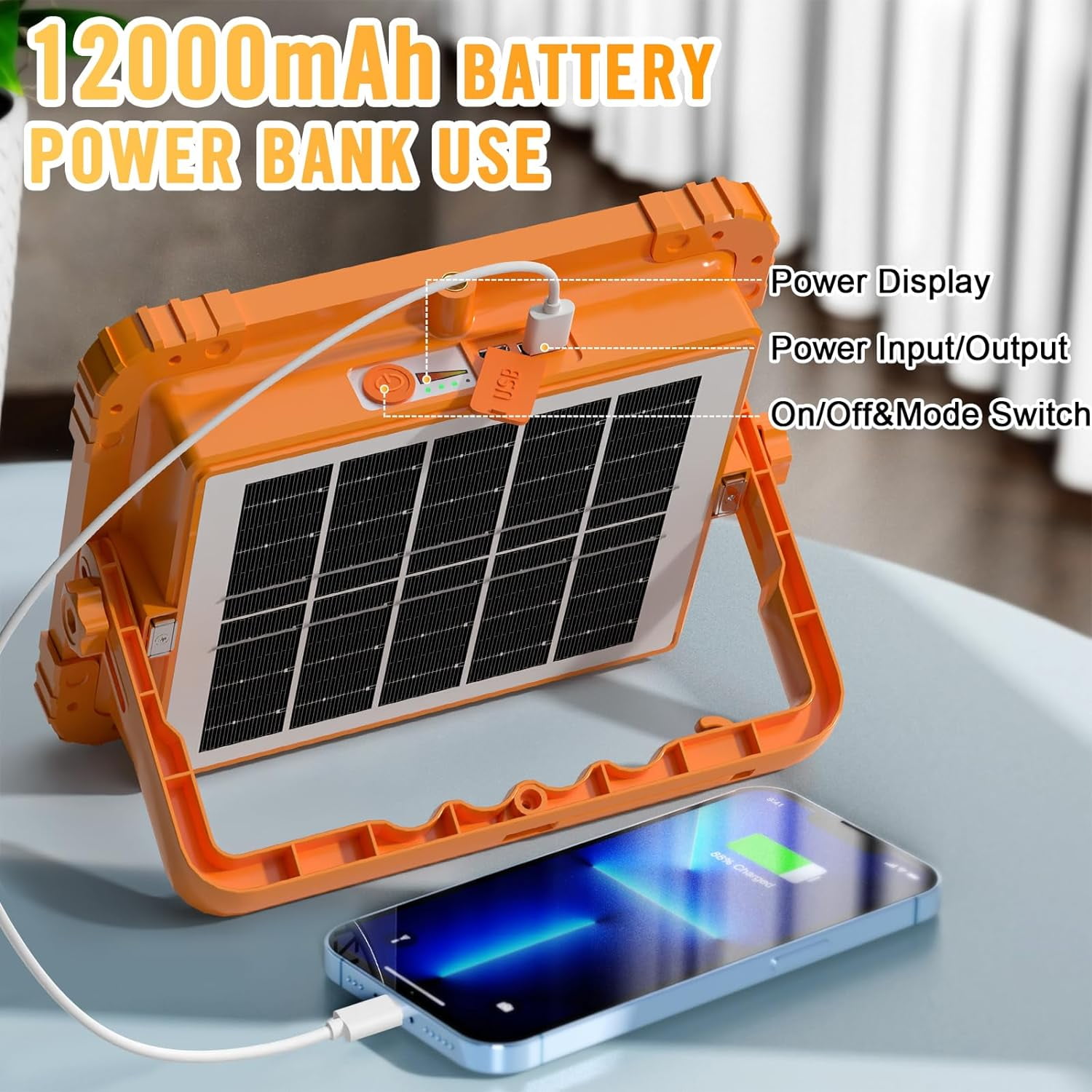 100W LED Solar Work Light, 466 LED 10000LM Magnetic Worklight with 5 Modes, 12000mAh Battary Rechargeable, IP66 Waterproof Portable Solar Power Outdoor Working Light for Emergency, Repair, Camping