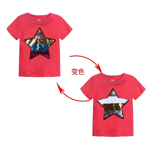 Ropa de verano para bebés, camisetas para niñas y niños, 1 Uds., gráfico de cambio de lentejuelas mágicas, camiseta informal de algodón Reversible a la moda, camisetas para niños Tee8 Gao Jinjia LED