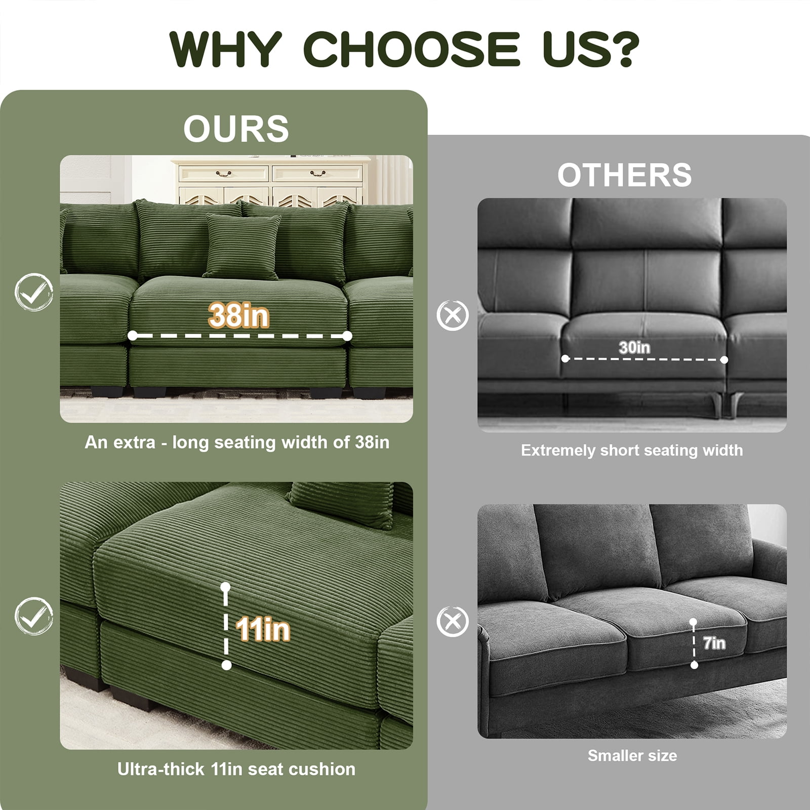117" Modern Corduroy Sectional Couches for Living Room, Comfortable Corner Couch Sofa, Green 3 Seater Corner Couch for Flexible Layout, Muebles para la Sala, Oversized Sofa Set