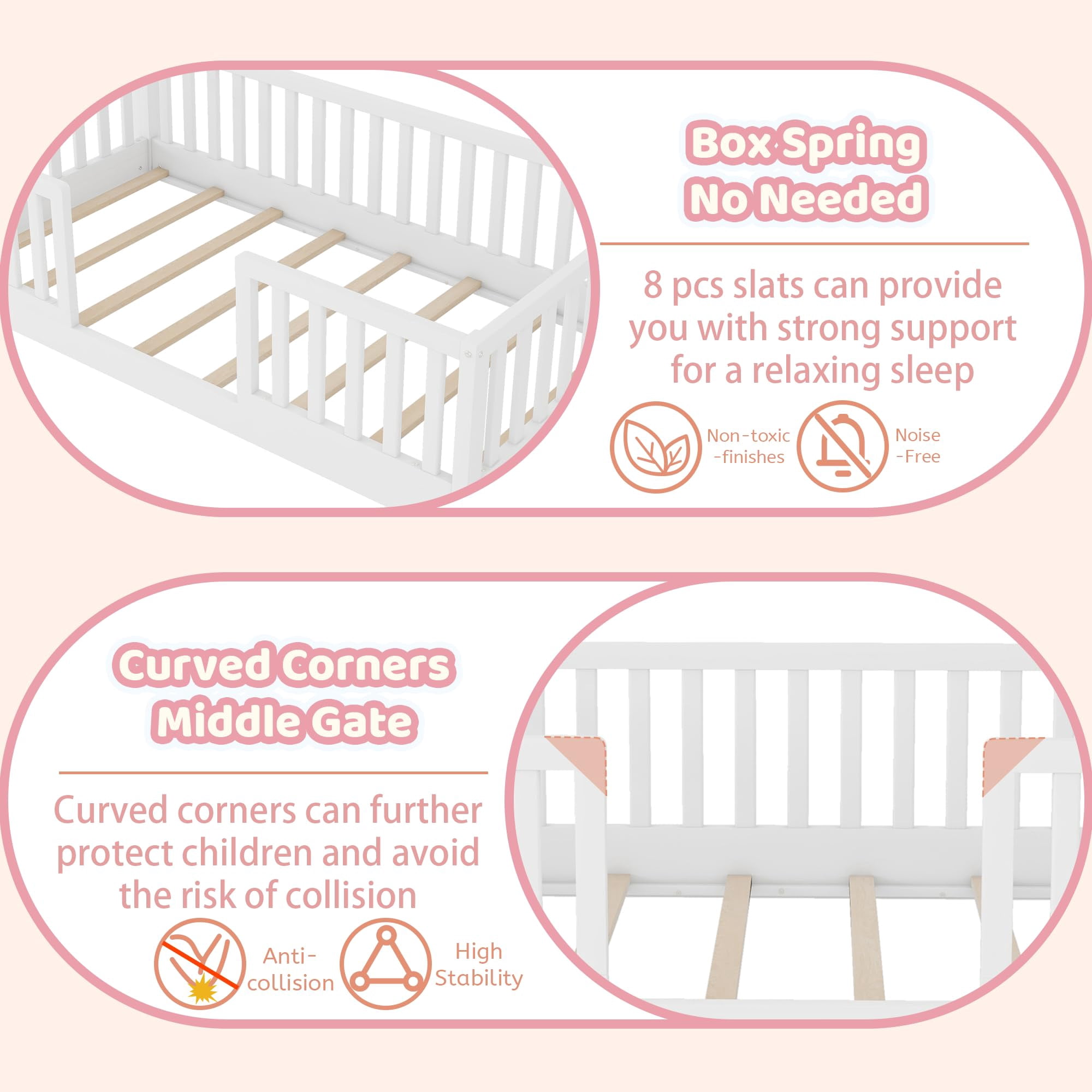 Mirightone Twin Floor Bed with High Rails, Wooden Montessori Bed Frame with Single Color Light and House Shape Design, Low Profile Beds, twin bed frames white