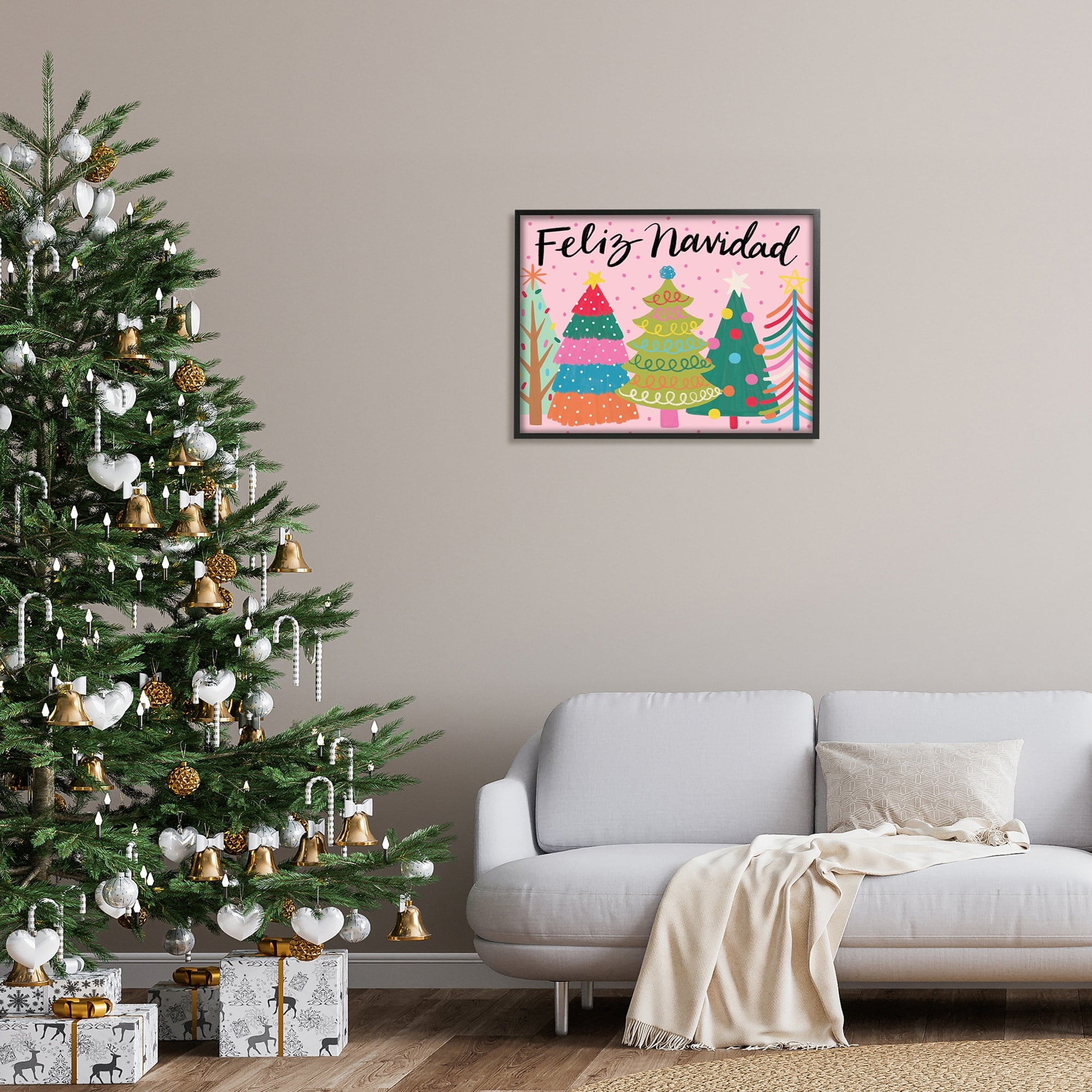 Feliz Navidad Whimsical Patterned Christmas Trees Ornaments Botanical & Floral Graphic Art Framed Art Print Wall Art