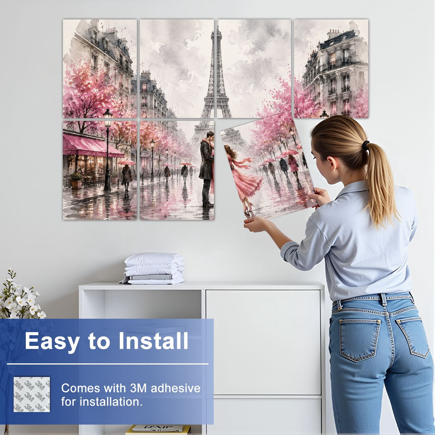 8 Pack Art Acoustic Panels Sound Absorbing Oil Painting Paris european city landscape France eiffel tower Black Decorative Soundproof Wall Panels Self Adhesive for Nursery Game Room Bedroom 48"x32"