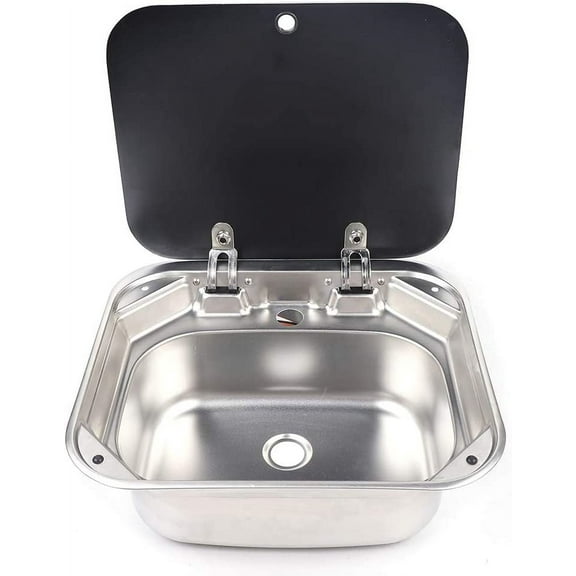 DENEST Stainless Steel Hand Wash Basin Kitchen Basin Sink with Lid Glass Lid Cold&Hot Faucet for RV Caravan Camper Boating