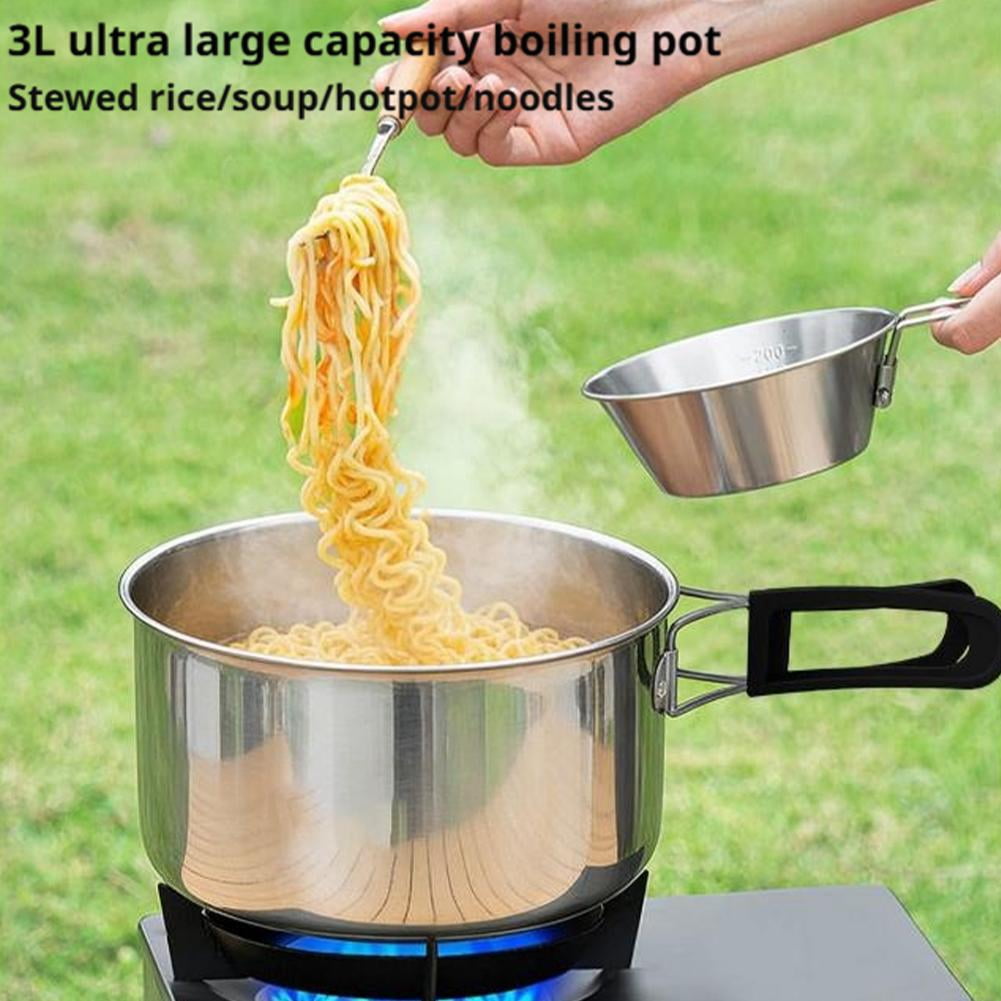Camping Cookware Mess Kit, 4-Piece SUS304 Stainless Steel Camping Pots and Pans Set with 1.1L Kettle, Healthy No-Coating Nesting Cooking Set for Hiking & Backpacking, Silver (1 Set)