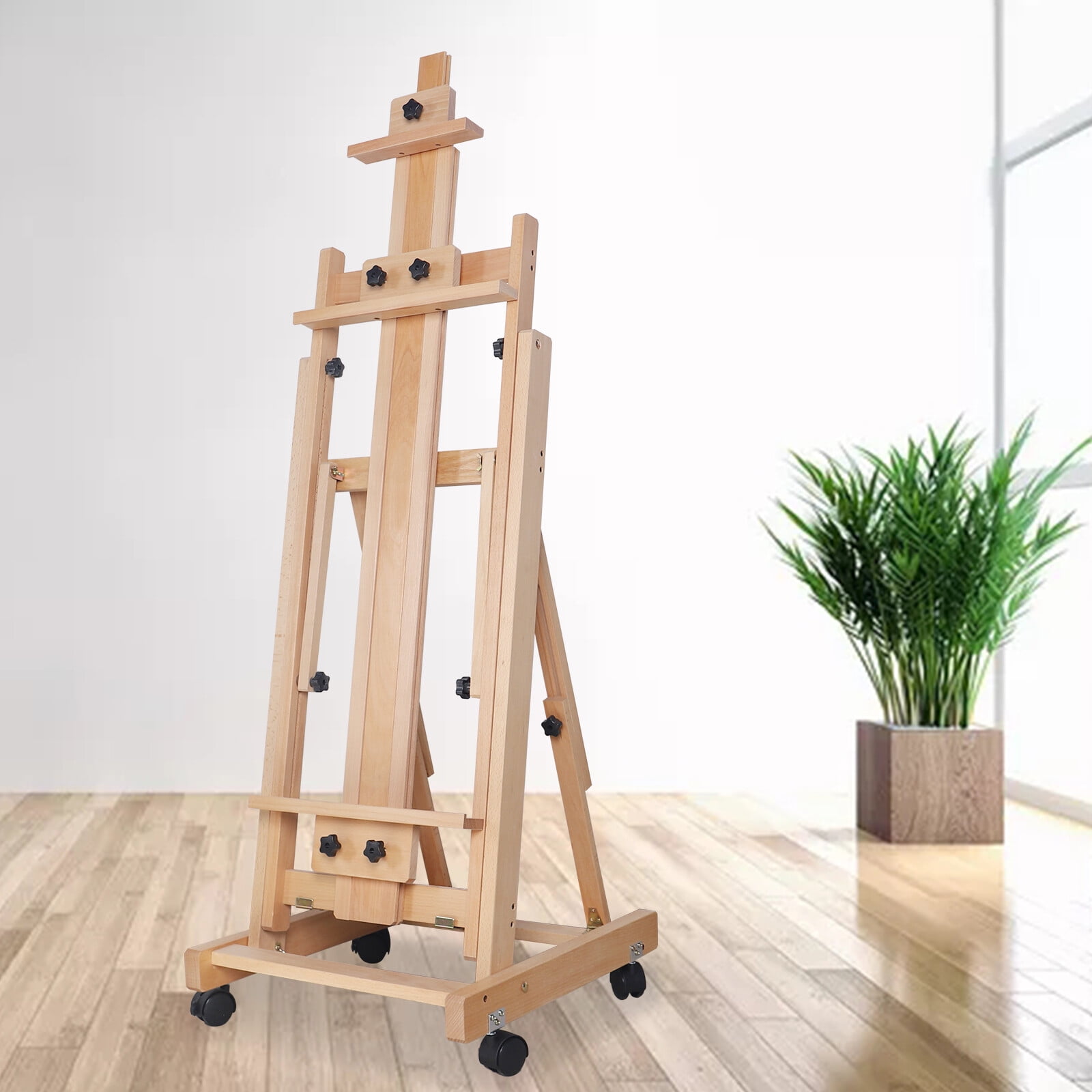 Height-Adjustable Beech Wood Floor Easel, 56.3-91.34in with 4 Lockable Wheels for Art Projects
