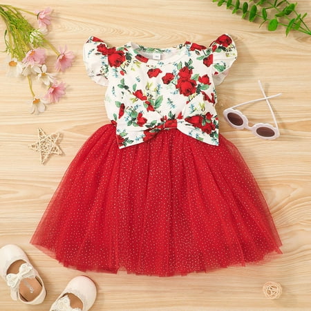 

THE WILD Girls Dresses Fashion Bowknot Tulle Tiered Floral Print O-Neck Short Sleeve Midi Prom Dress Red