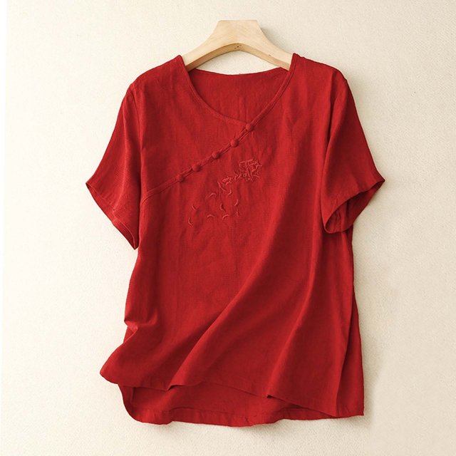 Fiudx Liquidación de Ahorros de Verano Casual Mujer Cuello En V Verano Bordado Color Sólido Regular Manga Corta Mujer