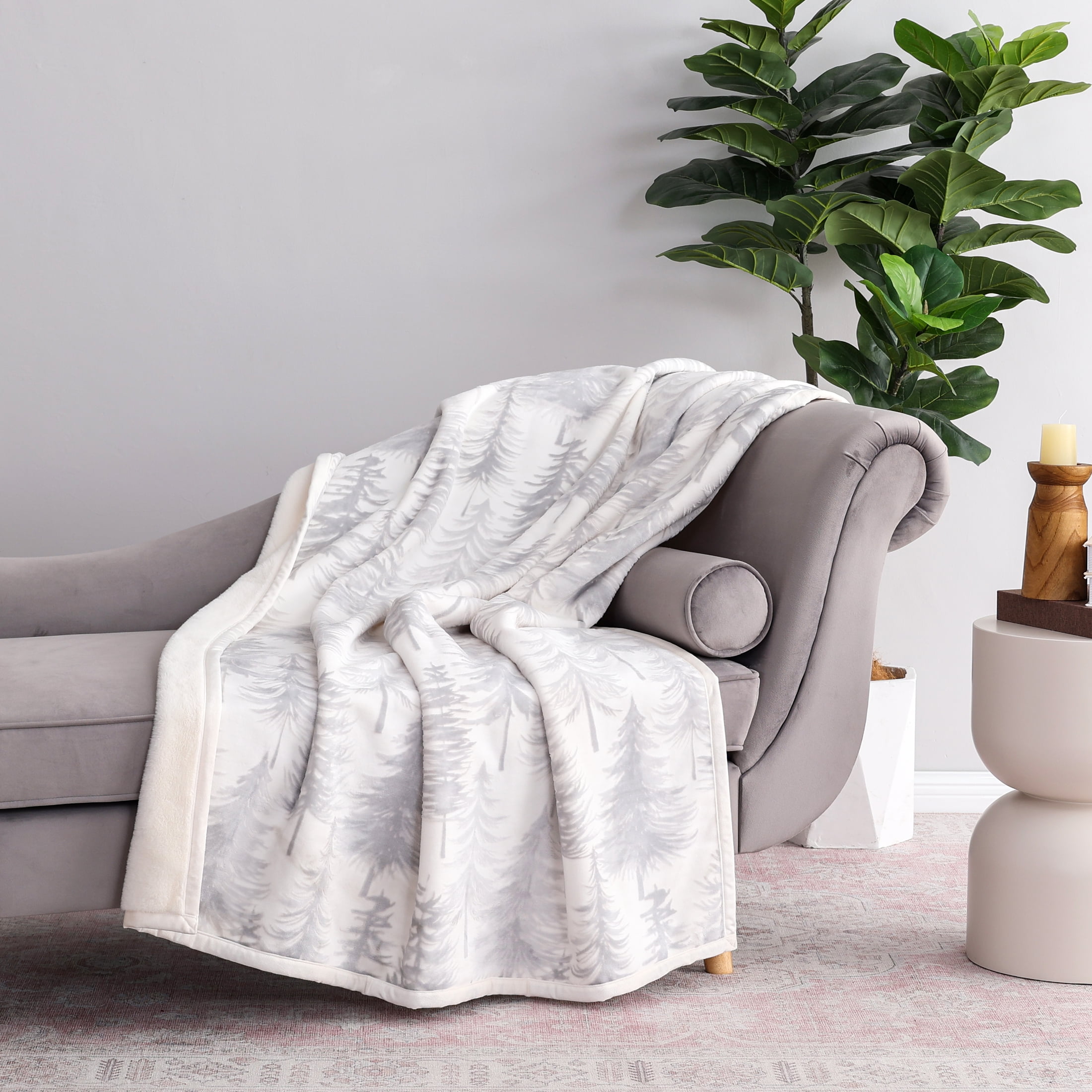 Better Homes & Gardens Printed Velvet Plush Reverse to Faux Fur Super Soft Throw Blanket, Oversized, Whimsical Forest Grey