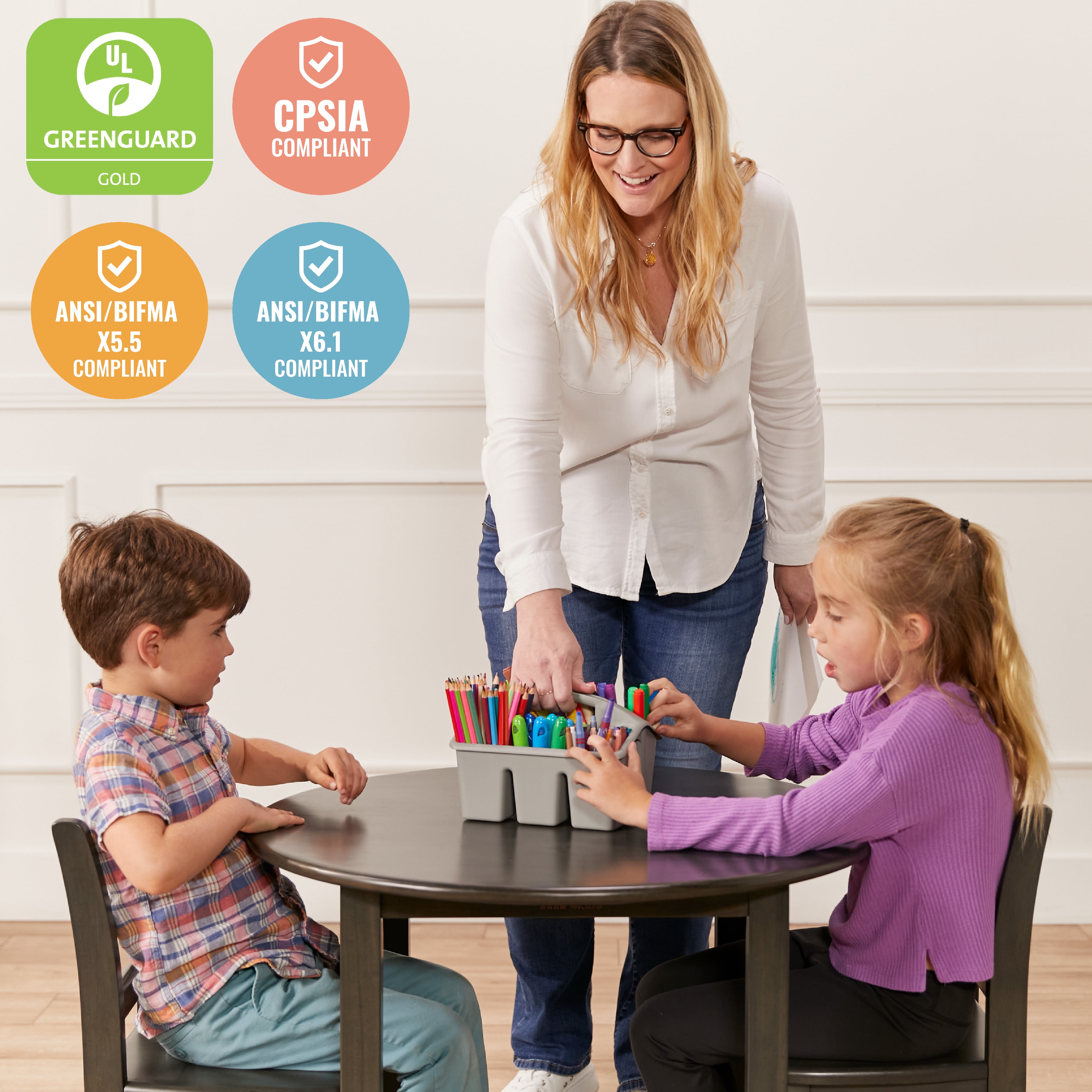 ECR4Kids 30in Round Hardwood Table and Chairs, 12in Seat, Kids Furniture, Grey Wash, 3-Piece