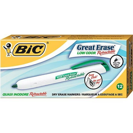 BIC Great Erase Retractable Dry Erase Marker, Fine Point, Green, 1-Dozen