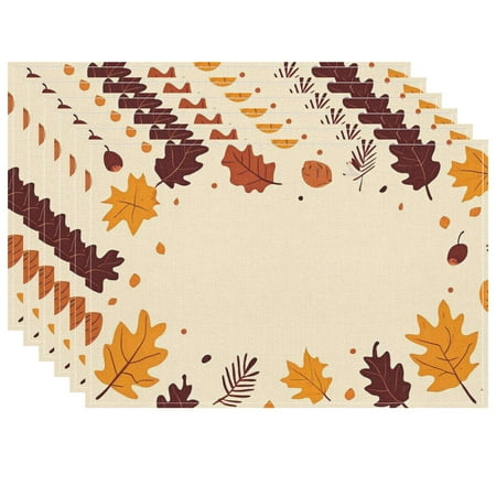Washable Fall Decor Placemat, Acorns Simple Shapes Colorful Place Mat Pack Of 6, 17.7x13 Inches Heat-Resistant Autumn Leaves Placemats, for Dining Table Deco